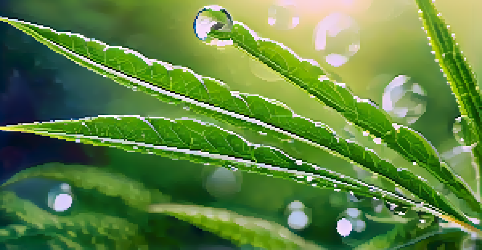 Close-up of cannabis leaves with dewdrops in a peaceful garden setting.