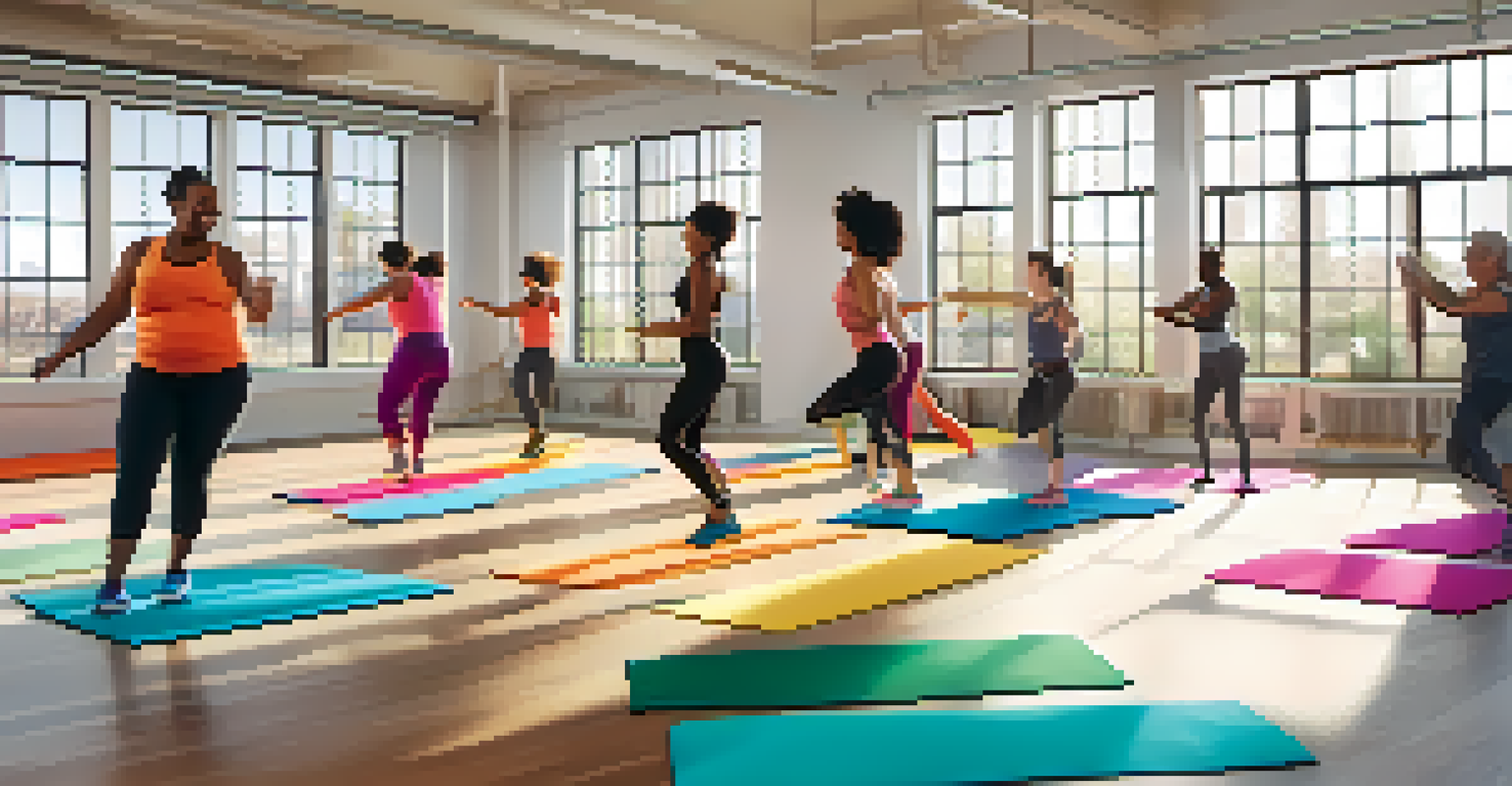 A diverse group of people participating in a lively dance fitness class in a bright studio.