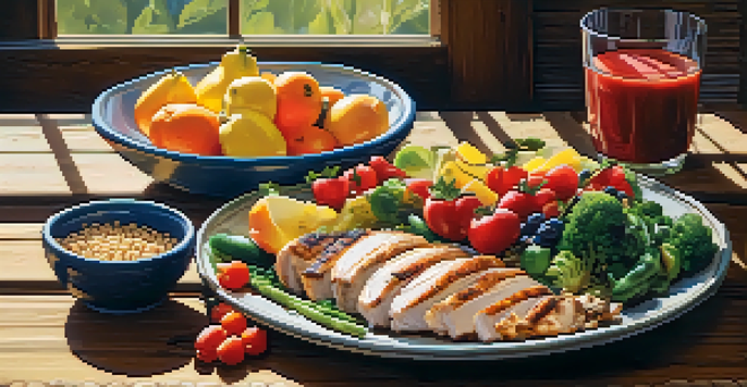 A colorful, nutrient-rich meal for athletes, displayed on a wooden table with sunlight highlighting the textures.