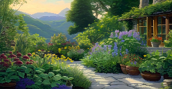 A tranquil herbal garden with green plants and colorful flowers at sunset, featuring a wooden table with jars of herbs.