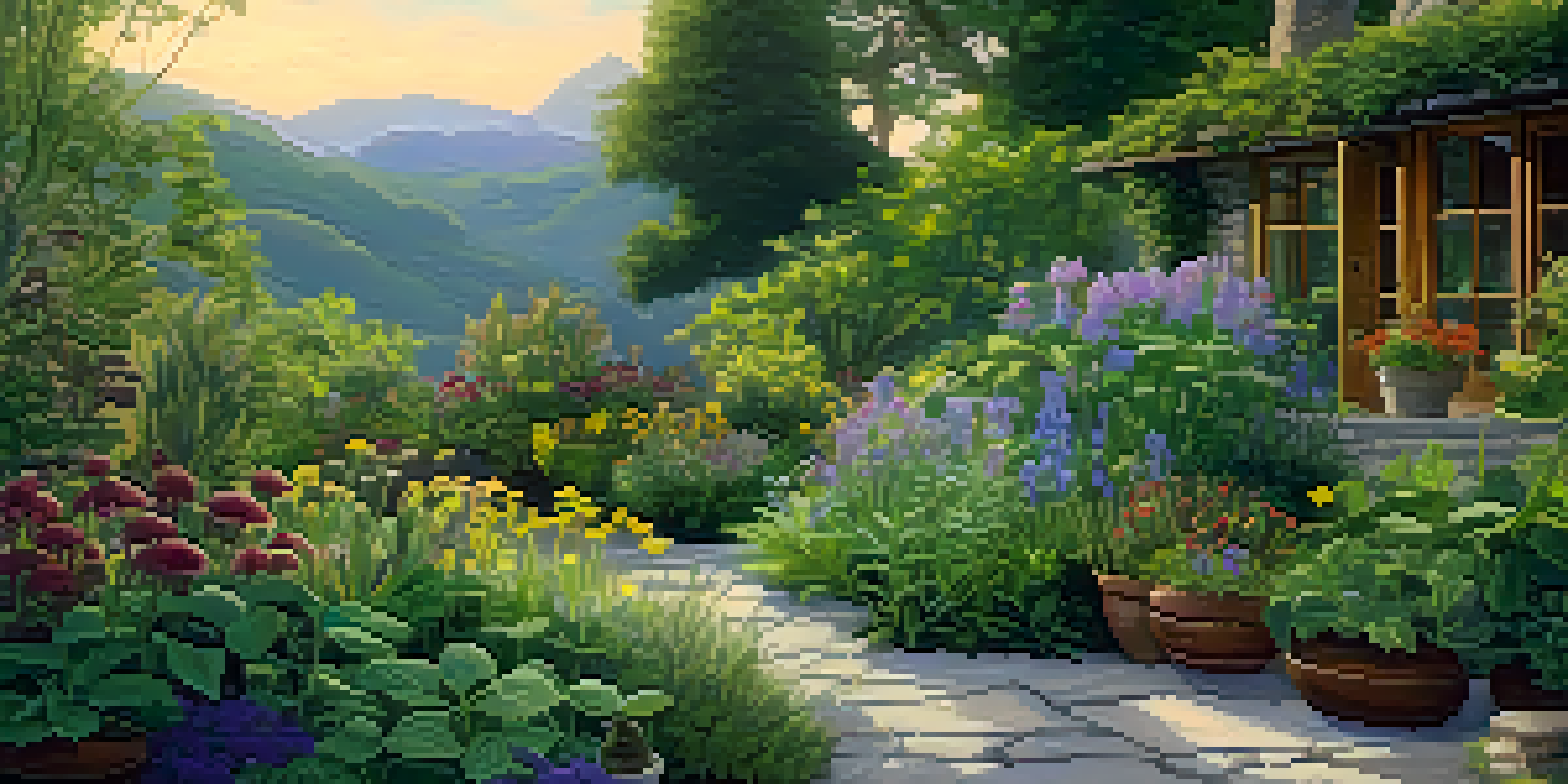 A tranquil herbal garden with green plants and colorful flowers at sunset, featuring a wooden table with jars of herbs.