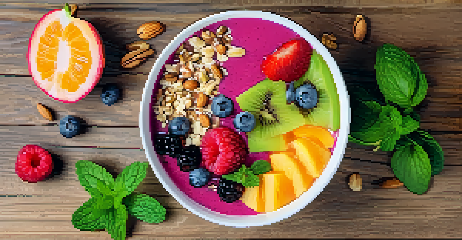 A colorful smoothie bowl topped with fruits, nuts, and seeds on a wooden table, illuminated by natural light.