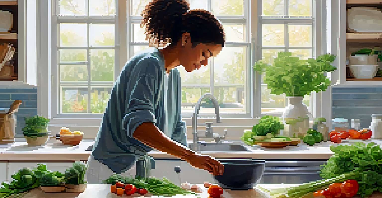 A person in a bright kitchen practicing mindfulness while preparing a healthy meal, surrounded by fresh produce and herbs.