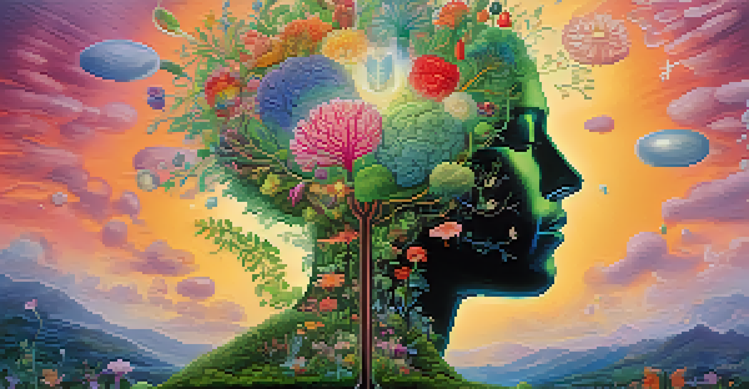 An artistic depiction of the gut-brain connection, showing a human silhouette with a glowing brain and a garden-like gut filled with plants and flowers.