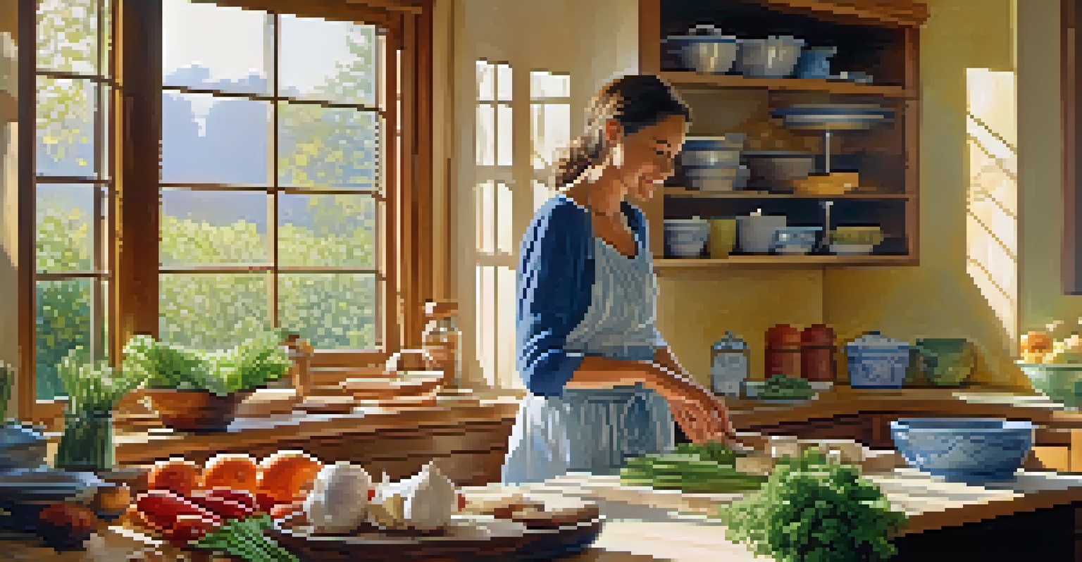 A person chopping garlic and onions in a bright kitchen, surrounded by fresh ingredients, with sunlight streaming through the window.