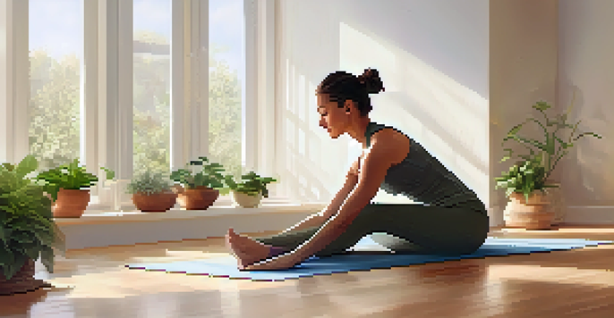 A peaceful yoga studio with a person practicing a forward bend pose in natural light, surrounded by plants and warm colors.