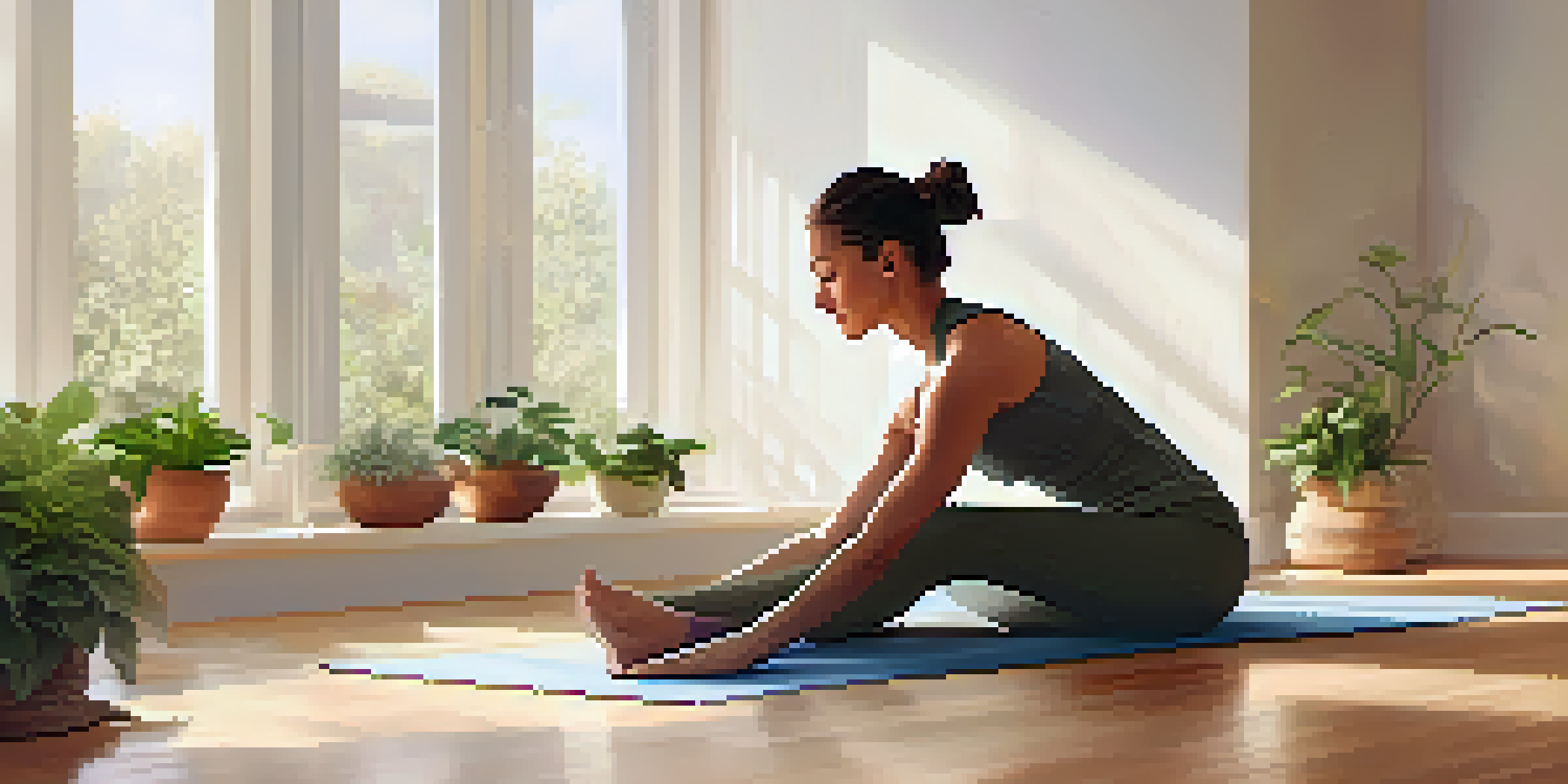 A peaceful yoga studio with a person practicing a forward bend pose in natural light, surrounded by plants and warm colors.