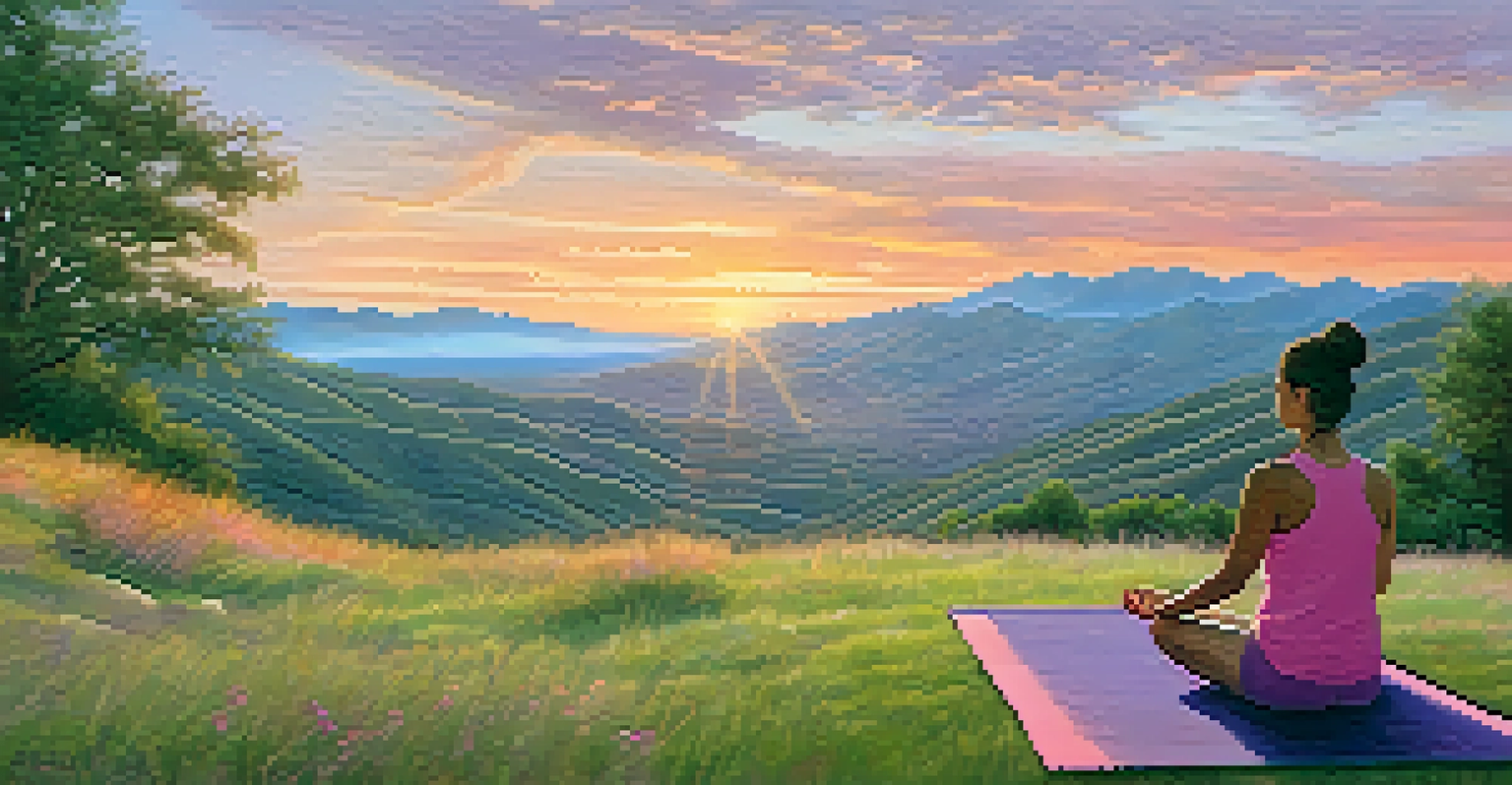 A person practicing yoga on a hillside at sunset, with a colorful sky and mountains in the background, symbolizing wellness and connection to nature.