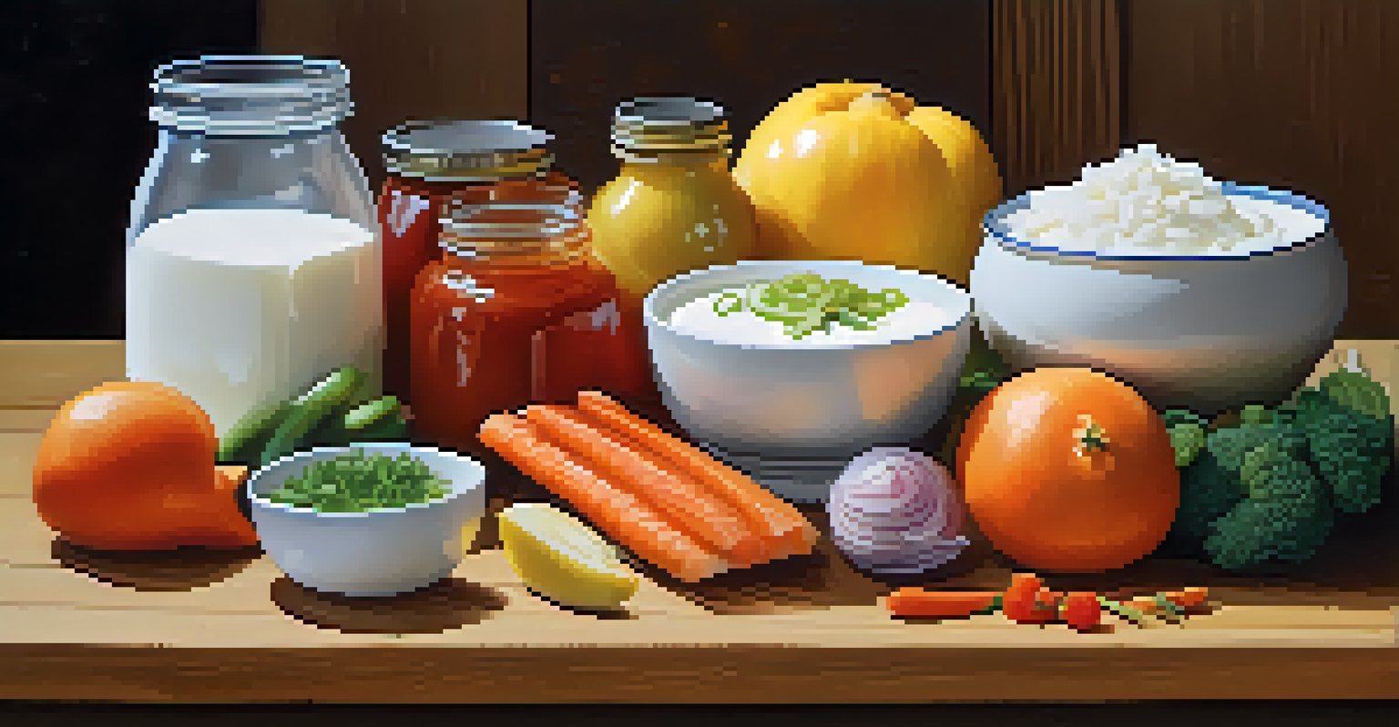 A balanced meal showcasing fermented foods alongside fresh fruits and vegetables on a wooden table, emphasizing the importance of probiotics and prebiotics.