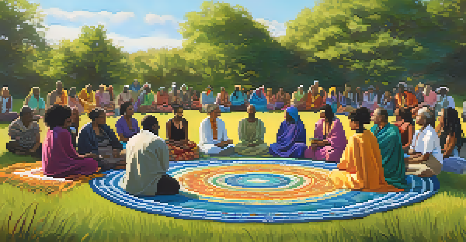 A community healing circle outdoors with diverse individuals seated in a circle, surrounded by greenery and colorful blankets, engaged in a supportive ritual.