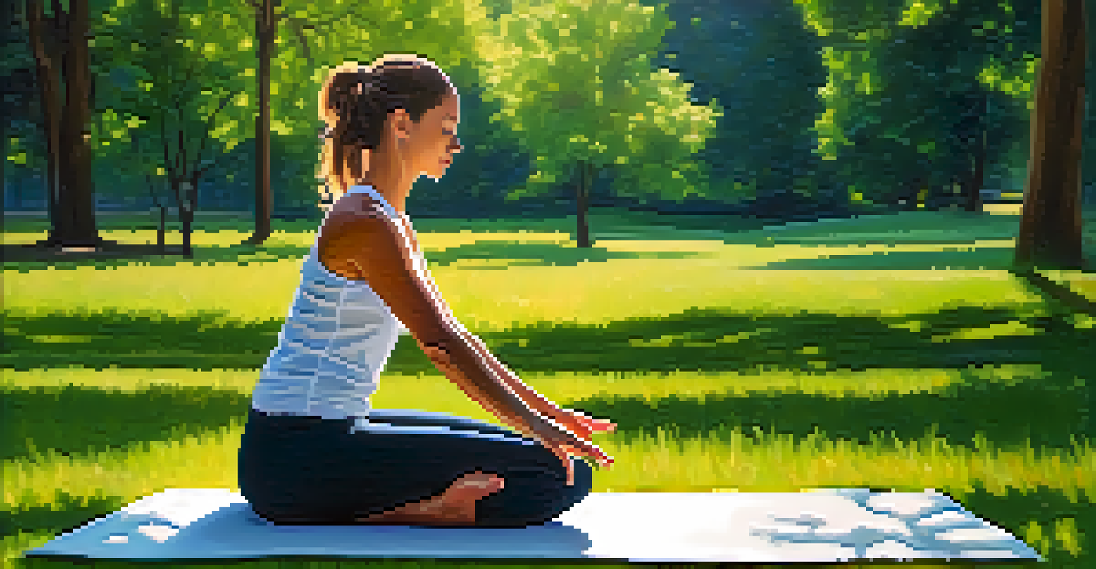A person practicing yoga in a sunlit park, performing a seated forward bend pose on lush green grass.