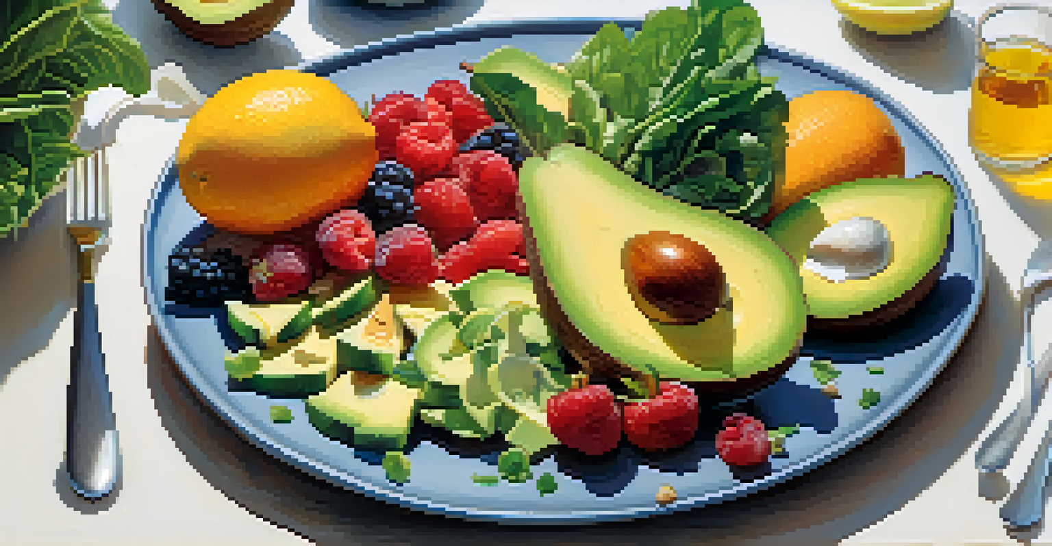 A close-up of a plate filled with colorful, nutritious foods like leafy greens, fruits, lean proteins, and avocados in a bright kitchen setting.