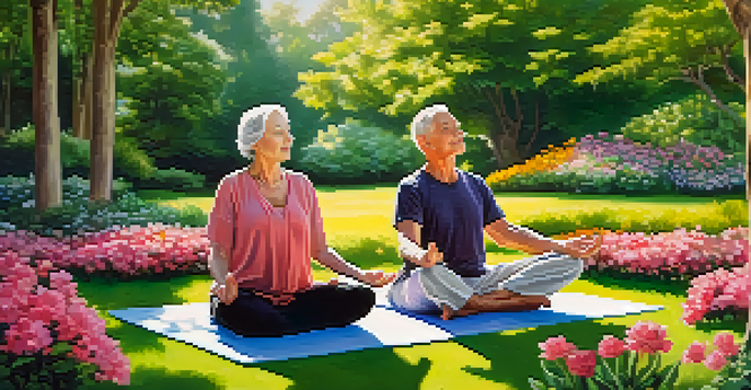 An elderly couple meditating in a vibrant garden filled with flowers, with sunlight streaming through the trees.