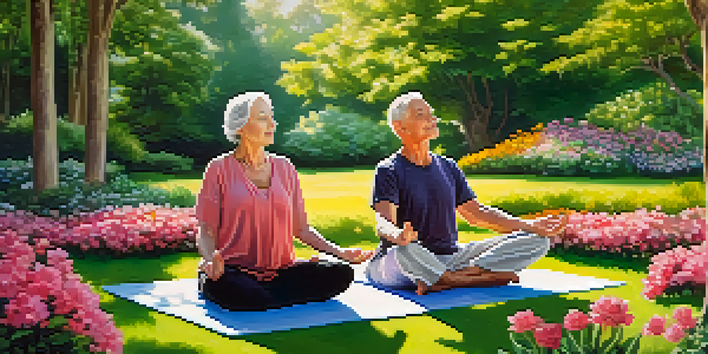 An elderly couple meditating in a vibrant garden filled with flowers, with sunlight streaming through the trees.