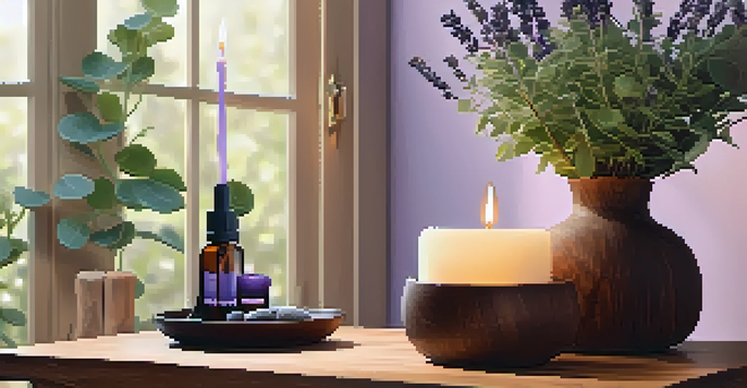 A tranquil aromatherapy room with a diffuser, plants, and candles creating a calming atmosphere.