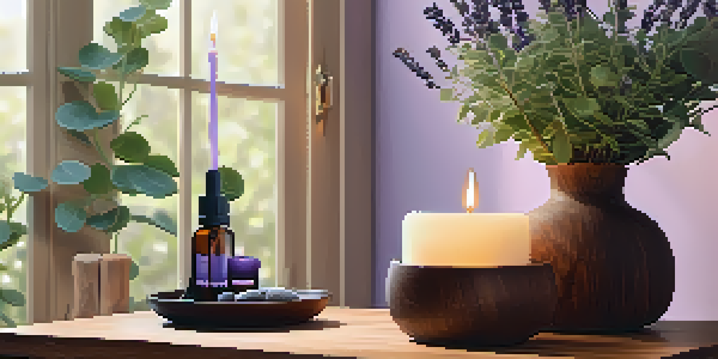 A tranquil aromatherapy room with a diffuser, plants, and candles creating a calming atmosphere.