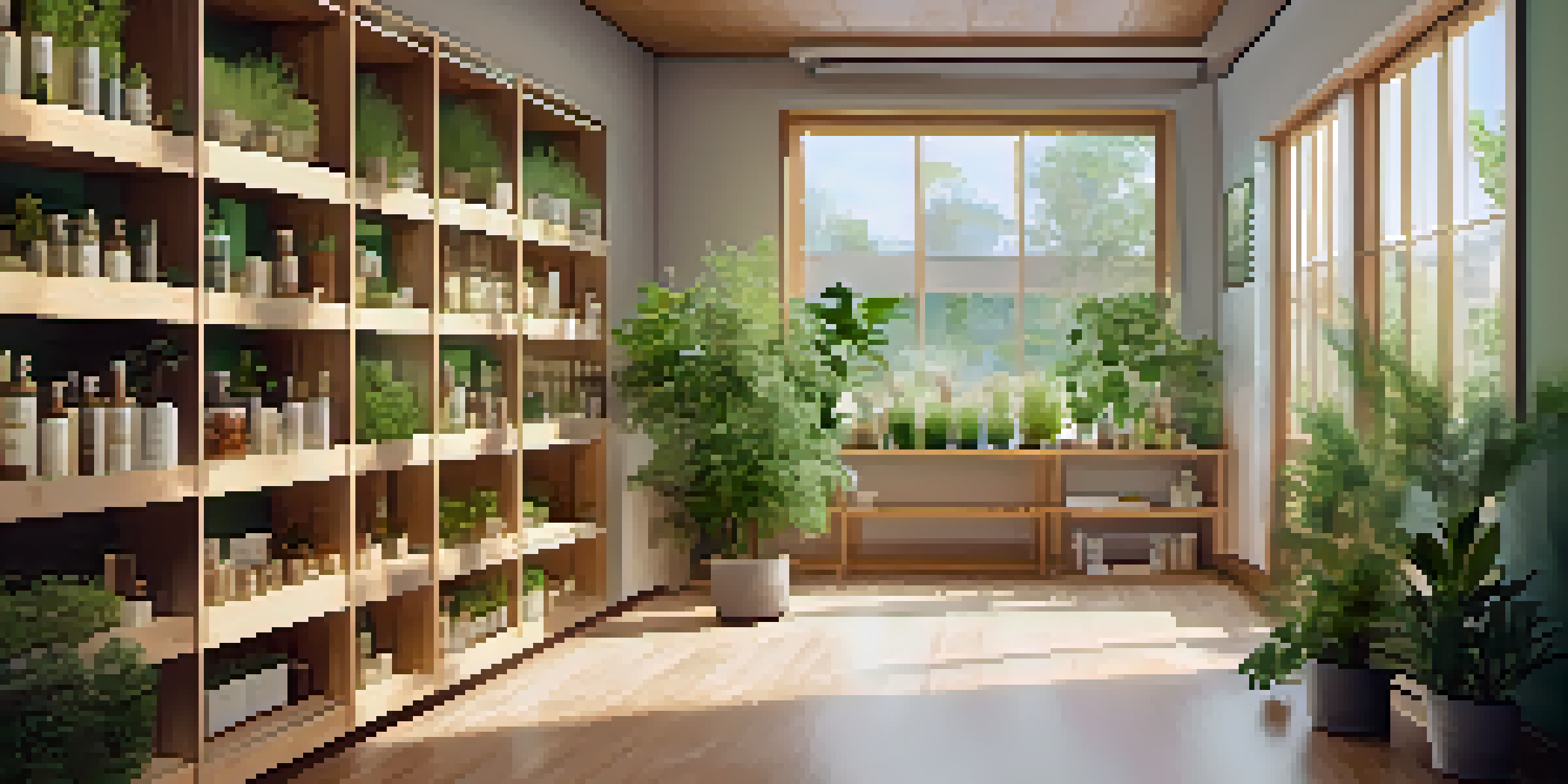 A naturopathic clinic featuring a practitioner consulting with a patient in a bright room filled with plants and herbal remedies.