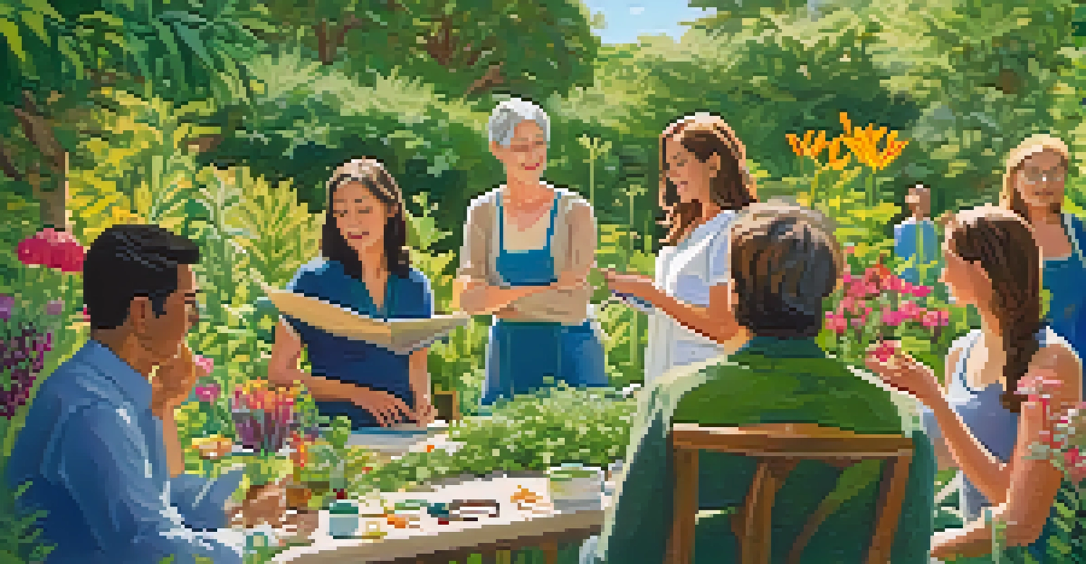 A naturopathic workshop in a garden with a practitioner teaching a group about herbal remedies.