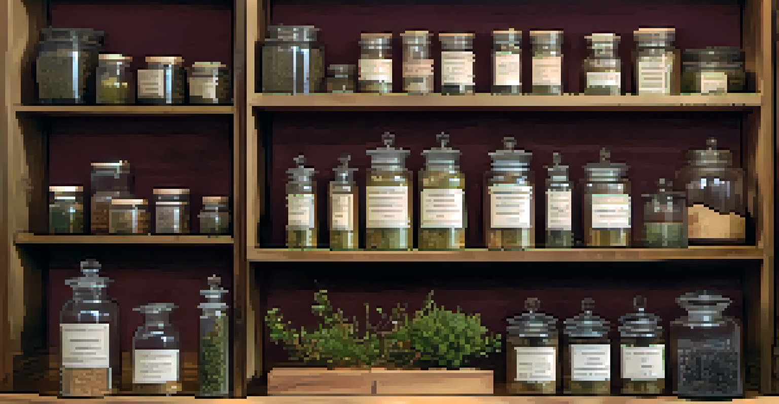 An apothecary display with jars of dried herbs and warm lighting, suggesting natural wellness.