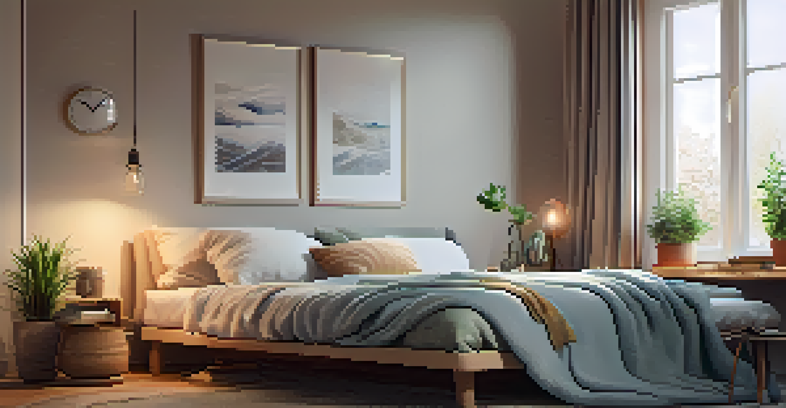 A cozy bedroom scene with a person reading in bed, surrounded by pillows, a warm blanket, and a bedside table with a plant and water glass.