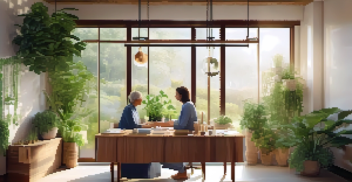 Inside a calming naturopathic clinic with a wooden table, herbs, and a smiling practitioner talking to a young man.