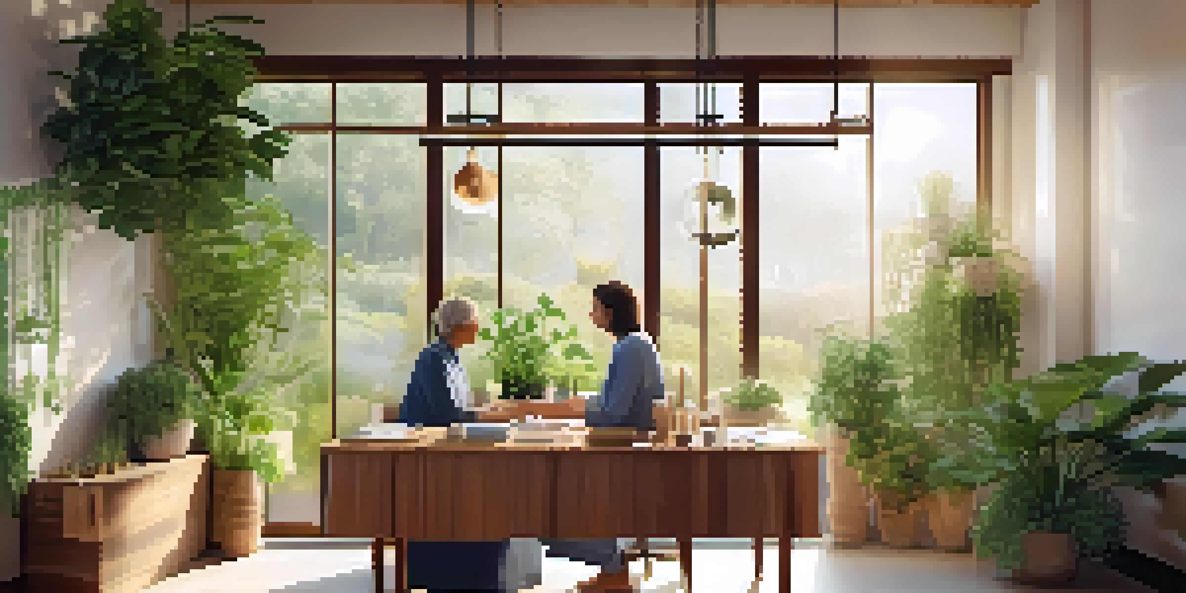 Inside a calming naturopathic clinic with a wooden table, herbs, and a smiling practitioner talking to a young man.