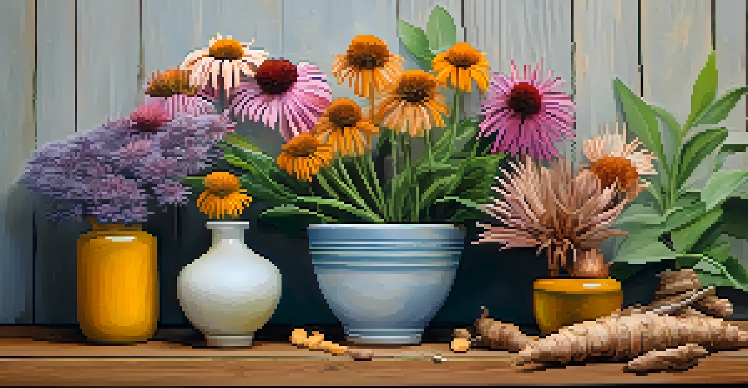 A close-up of ginger, echinacea flowers, and turmeric roots on a wooden surface, showcasing their vibrant colors and textures.