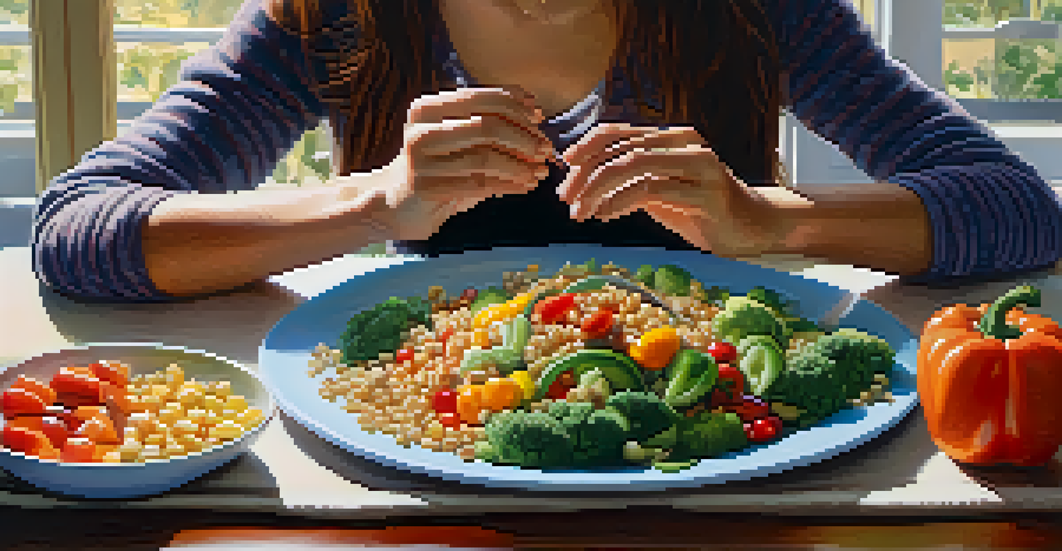A patient engaged in mindful eating, focusing on a plate of fresh vegetables and grains.
