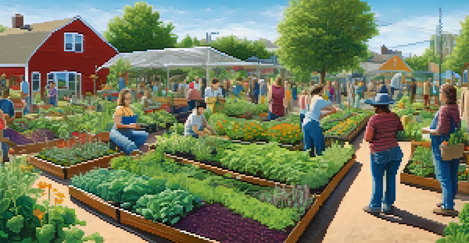 A lively community garden with diverse individuals working together to plant and harvest organic produce.