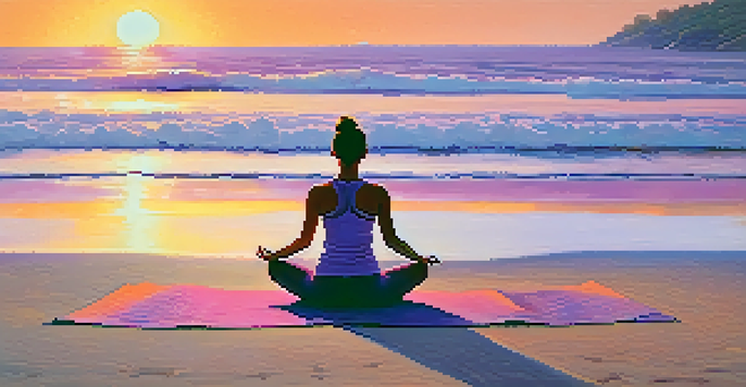 A person practicing yoga at sunrise on a beach, meditating with a peaceful expression surrounded by soft sand and gentle waves.