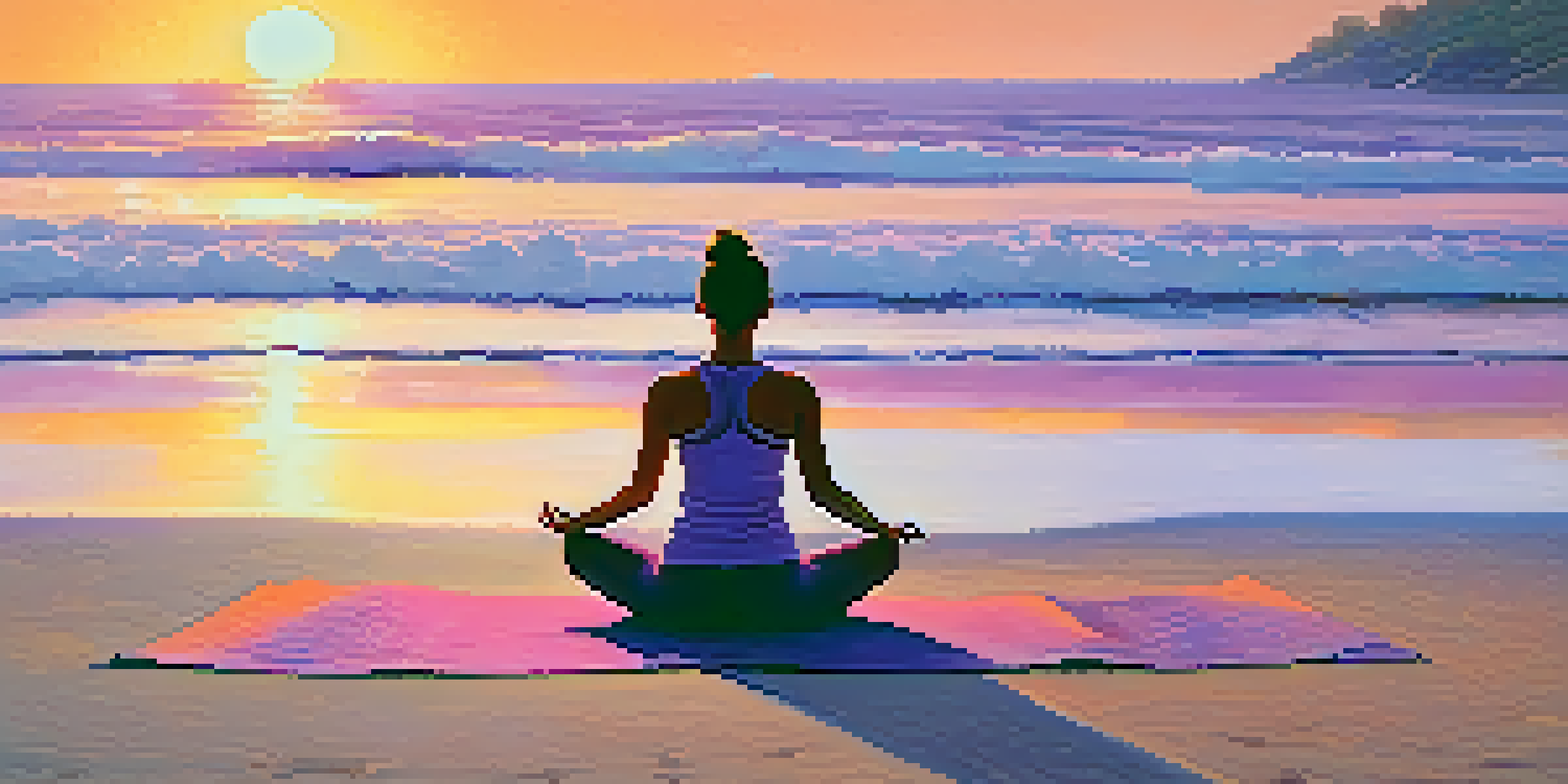 A person practicing yoga at sunrise on a beach, meditating with a peaceful expression surrounded by soft sand and gentle waves.