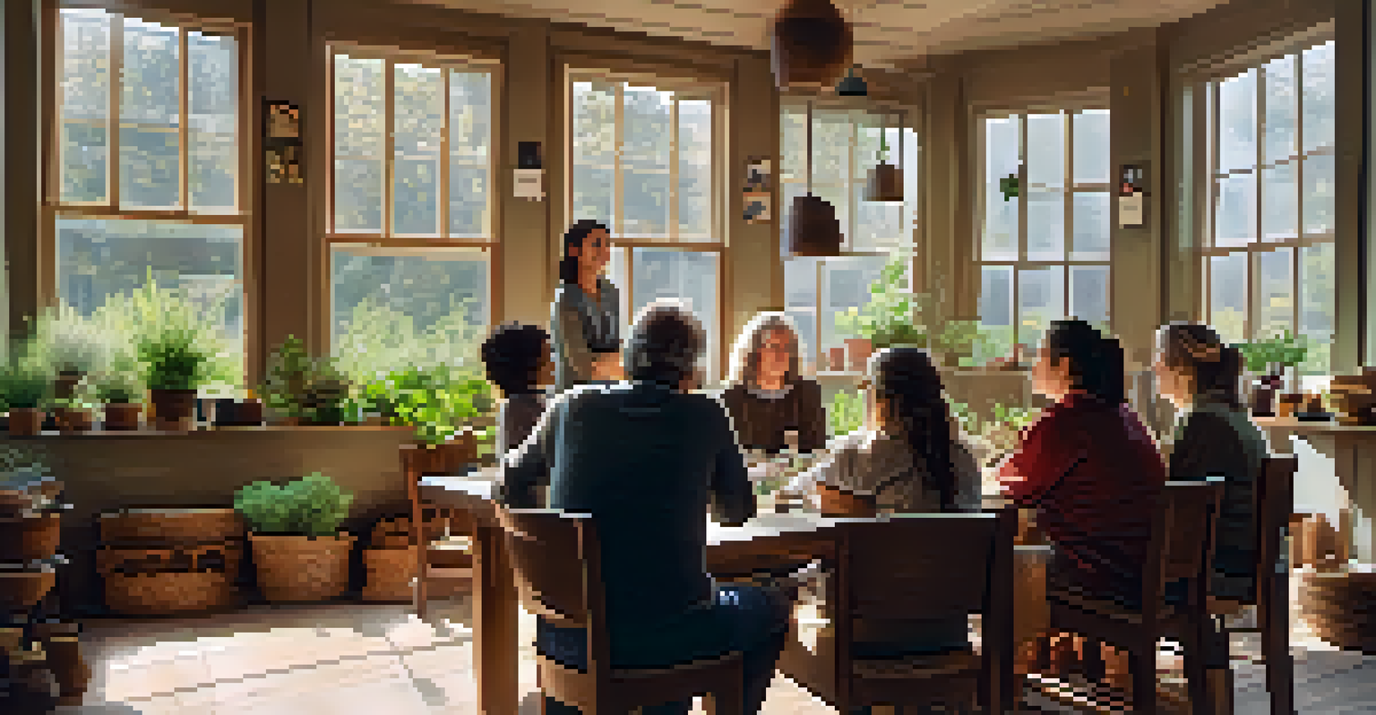 A workshop with a naturopathic practitioner showing herbal remedies to community members in a cozy, well-lit room.