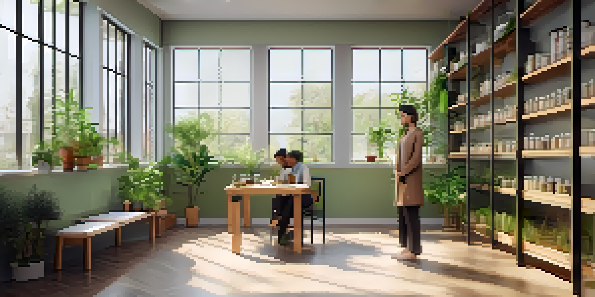 A naturopathic clinic with large windows, wooden furniture, and green plants, featuring a practitioner consulting a patient with herbal tea.