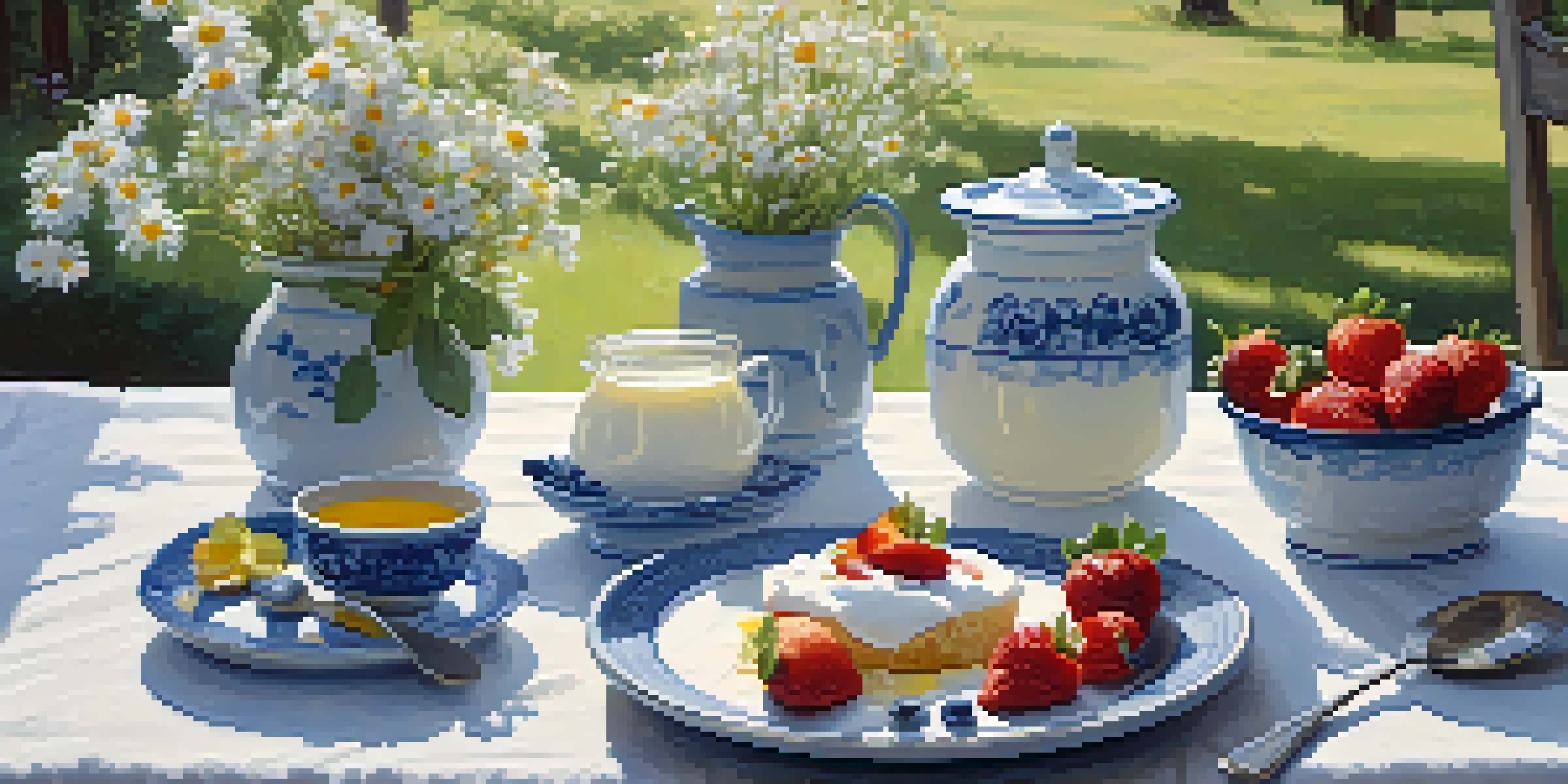 A breakfast scene featuring a bowl of yogurt with berries, jars of honey, and a glass of kefir on a rustic table.