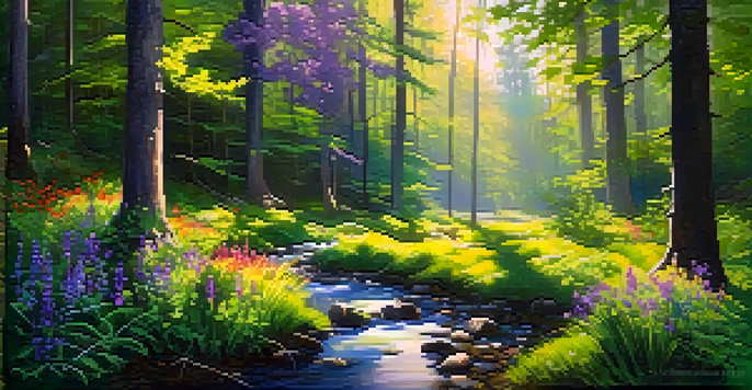 A peaceful forest scene with sunlight filtering through trees and a gentle stream flowing through vibrant greenery and wildflowers.