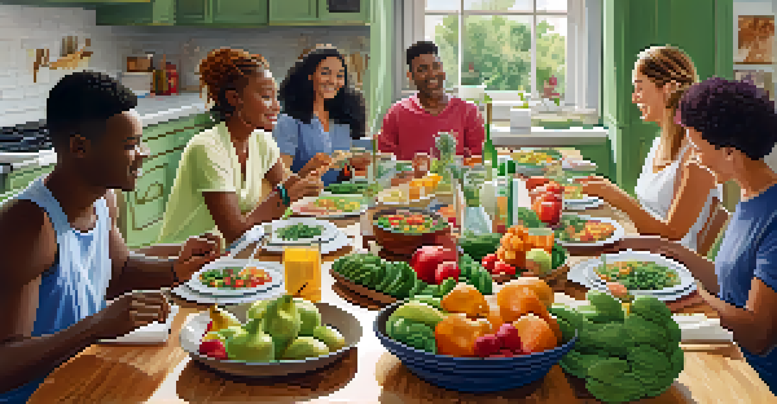 A diverse group of people gathered around a kitchen table filled with fruits and vegetables, discussing healthy meal options during a nutrition workshop.