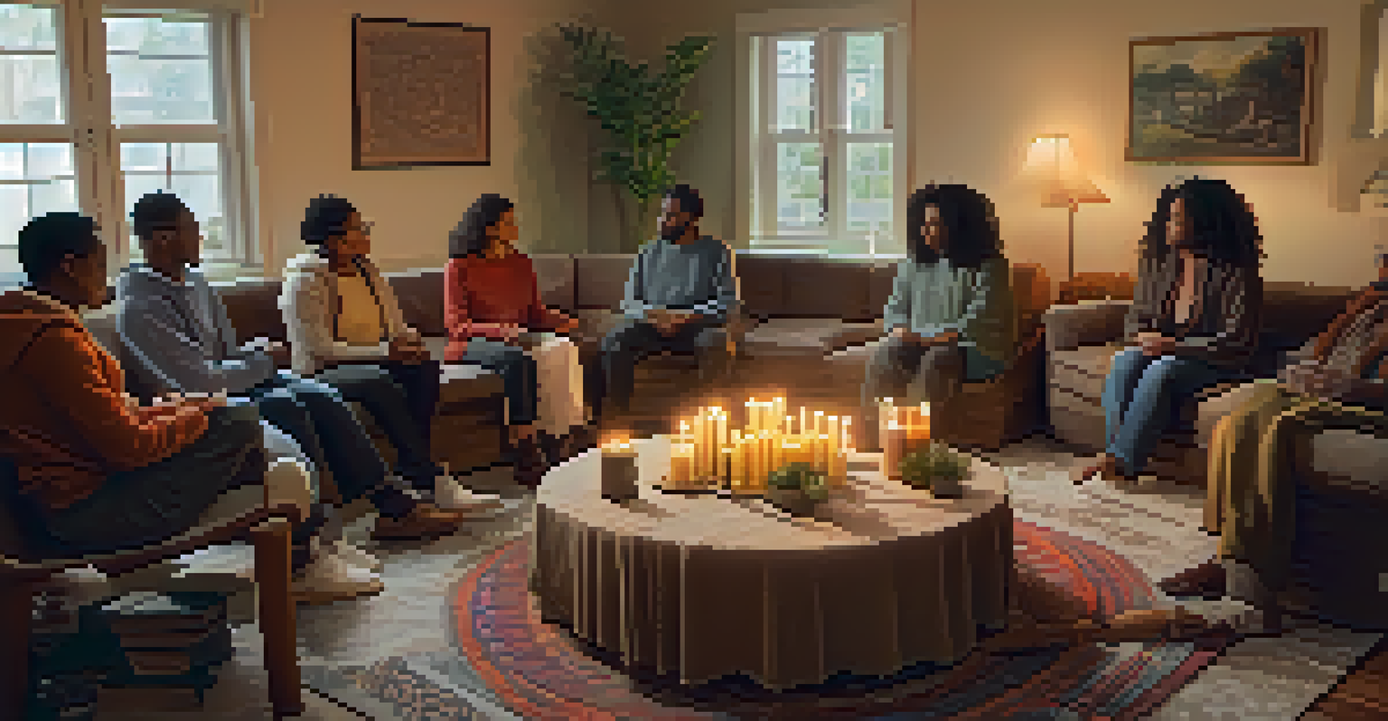 A cozy community gathering with participants sharing spiritual experiences in a warmly lit room, surrounded by candles and nature elements.