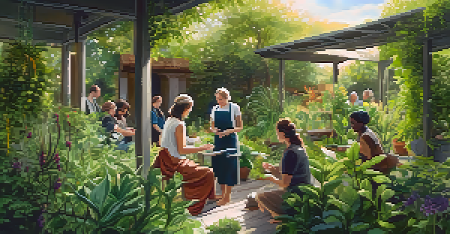 A naturopathic practitioner teaching a workshop in a garden full of herbs, with participants learning about herbal medicine.