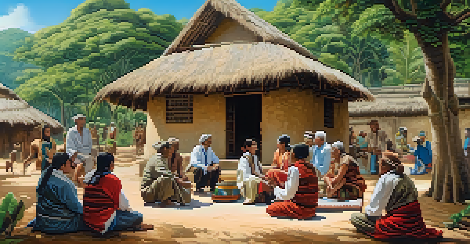 Community members gathered around a traditional healer in a scenic village setting.