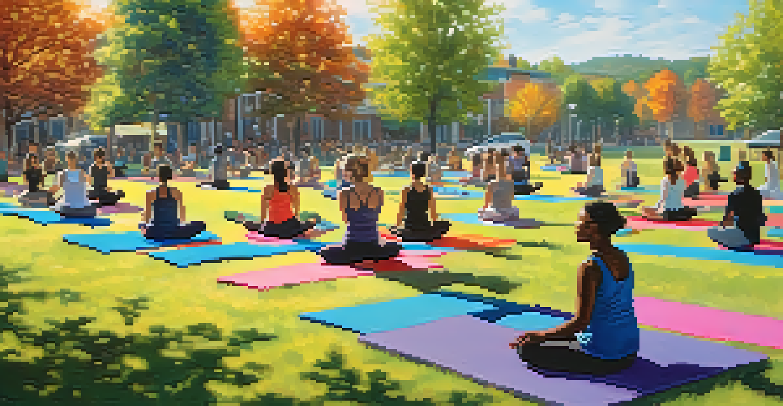 A diverse group of people doing yoga in a sunny park with trees and blue sky.
