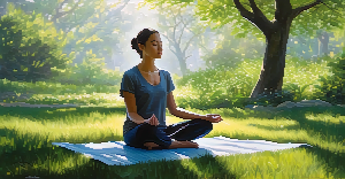A person meditating in a peaceful green park, surrounded by flowers and sunlight filtering through trees.