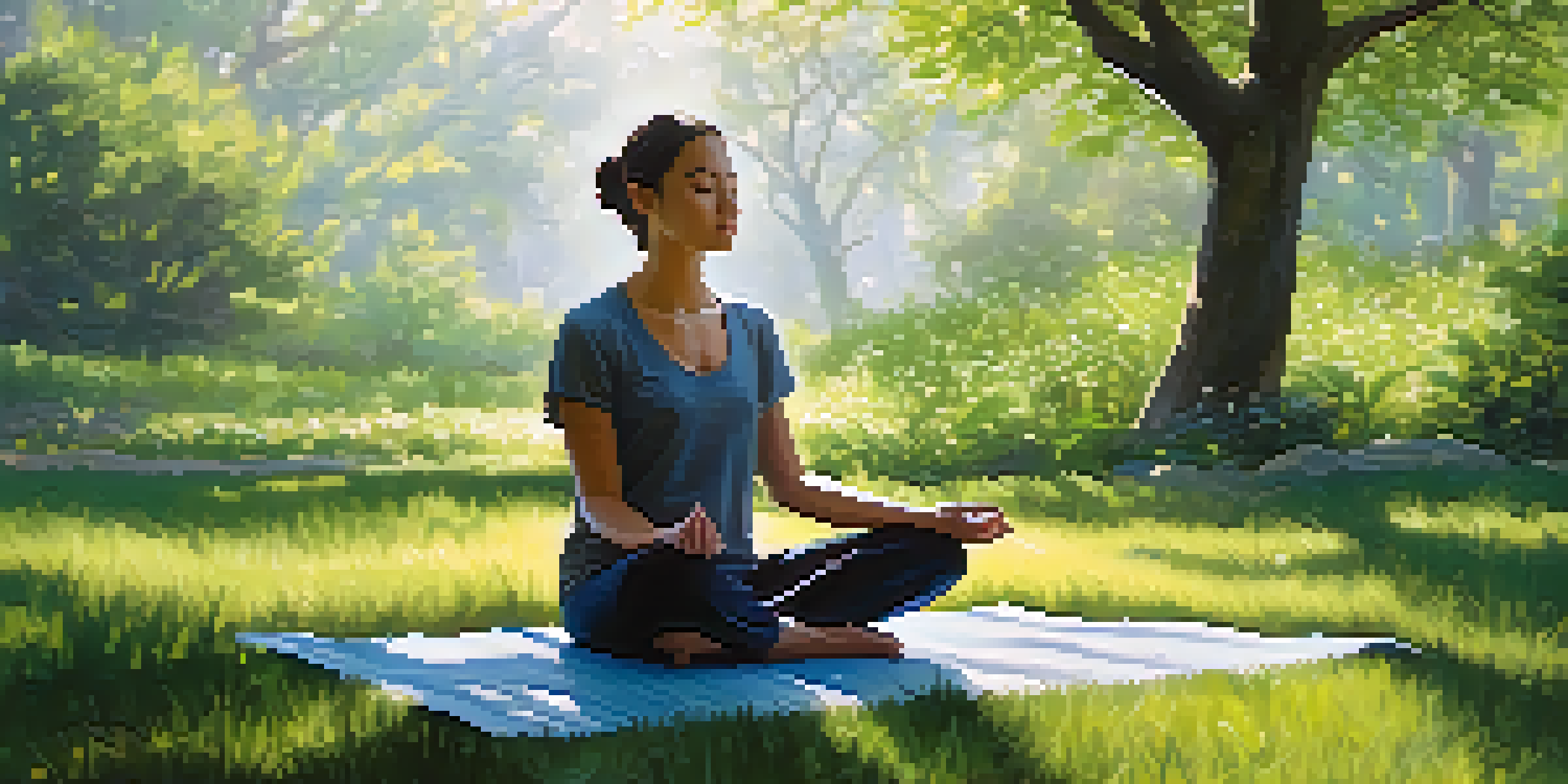A person meditating in a peaceful green park, surrounded by flowers and sunlight filtering through trees.