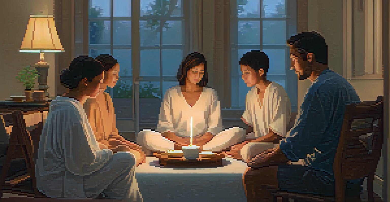 A family gathers around a patient's bedside, engaged in a mindful meditation session, surrounded by soft lighting and calming elements.