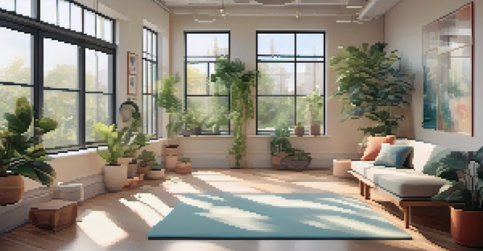 A peaceful office space with plants, natural light, and an employee meditating on a yoga mat.