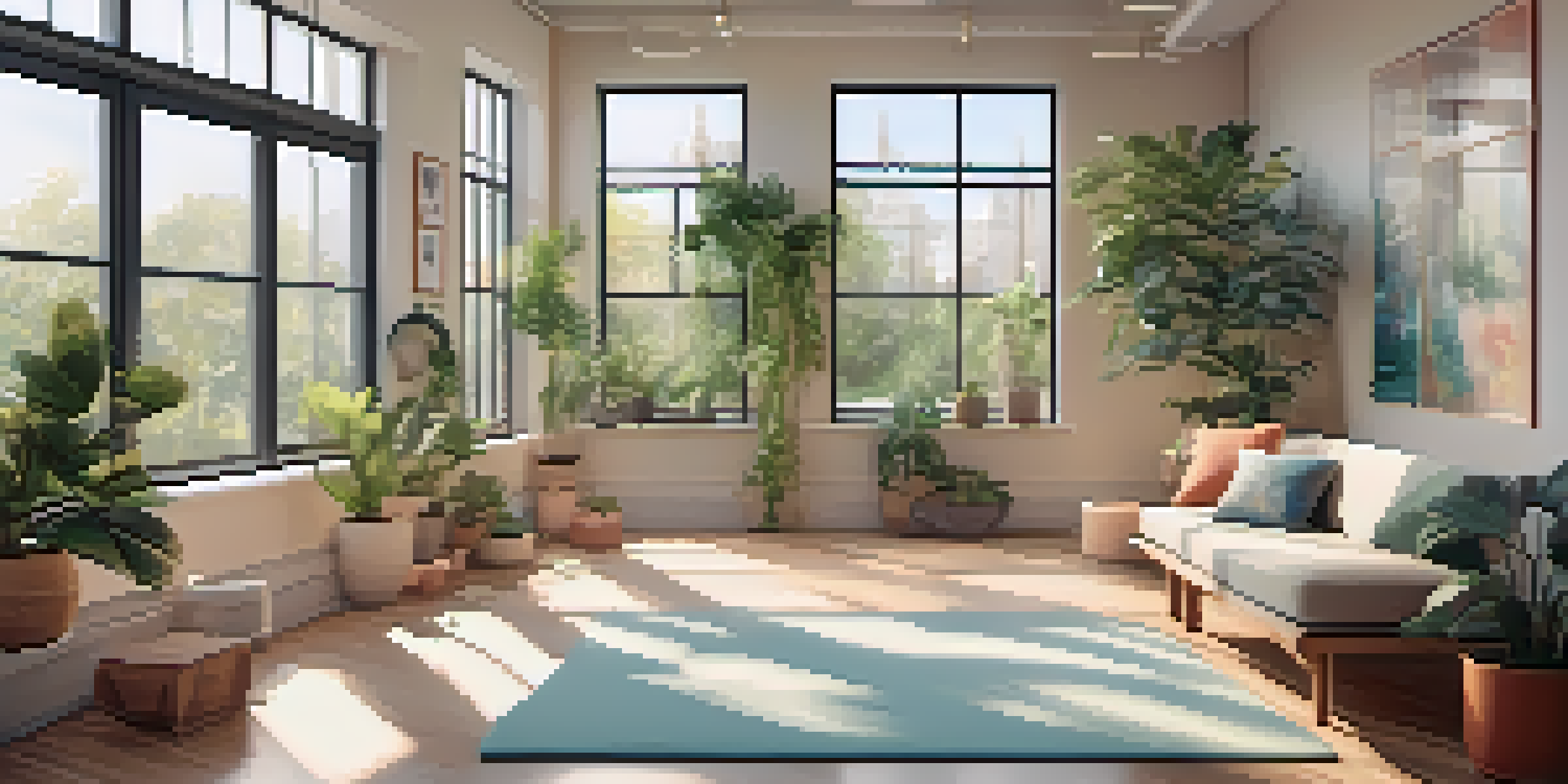 A peaceful office space with plants, natural light, and an employee meditating on a yoga mat.