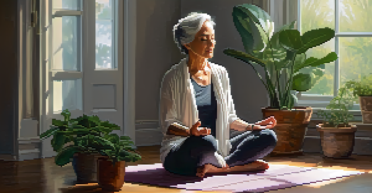 An older woman meditating on a yoga mat in a cozy indoor setting with plants and soft light.