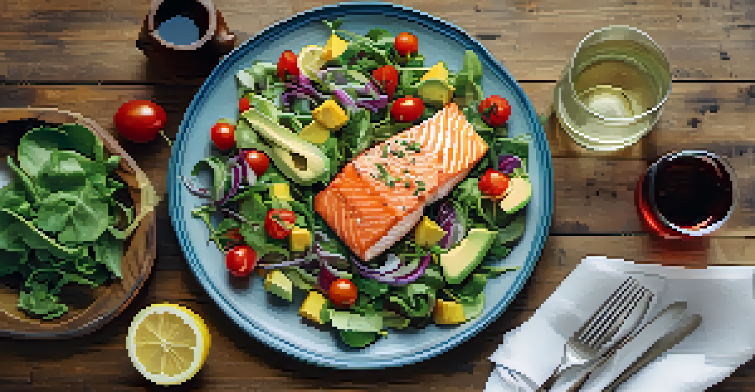 A colorful salad with salmon and a glass of lemon water on a rustic wooden table, showcasing a healthy meal.