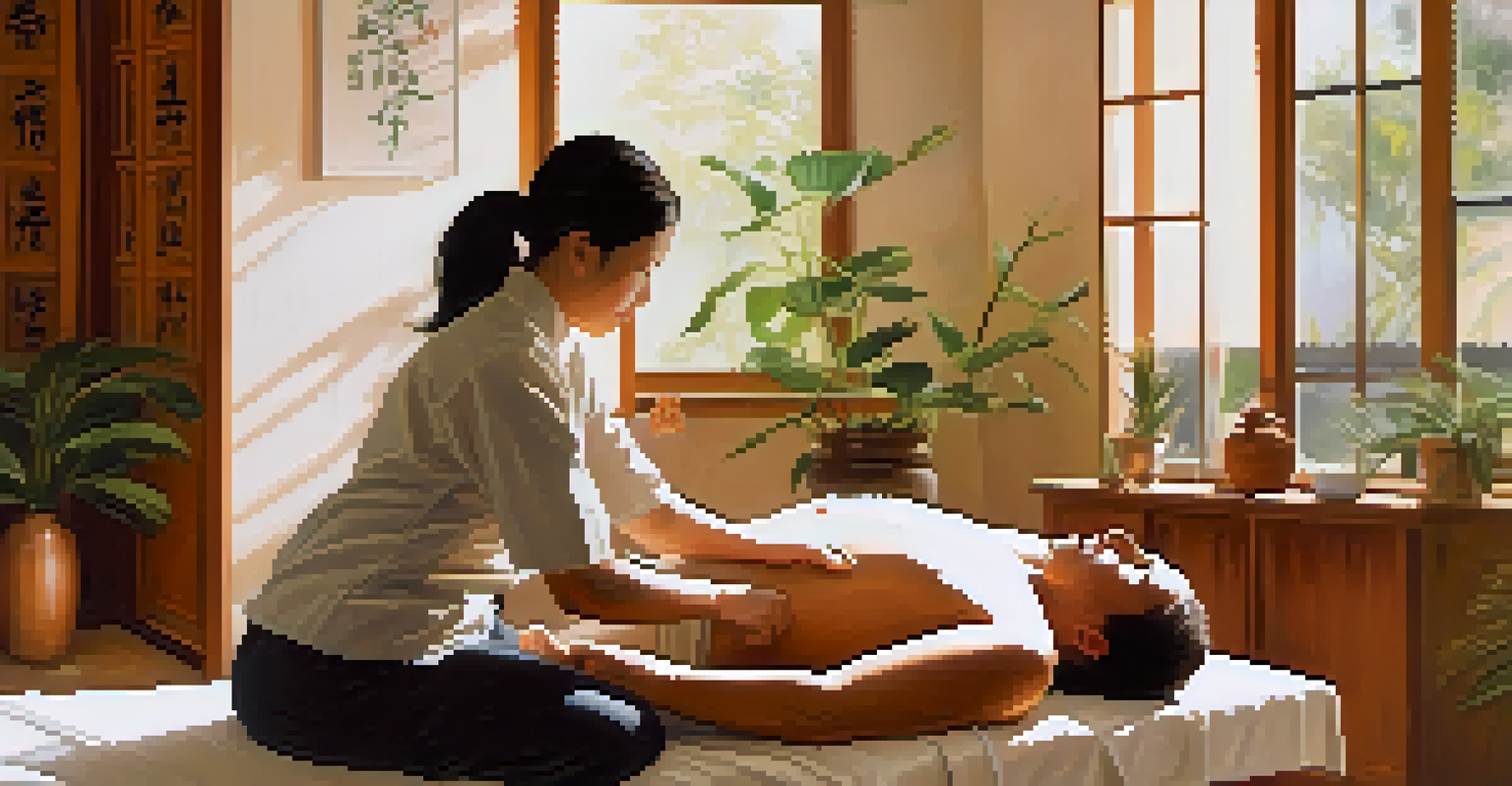 An acupuncture treatment scene showing a practitioner inserting needles into a patient's back in a calming, softly lit room.