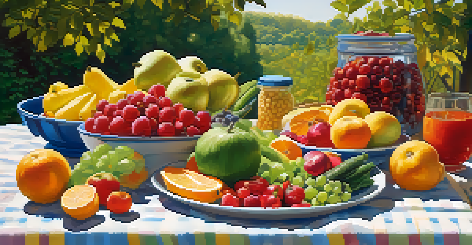 A colorful picnic spread featuring a variety of fruits and vegetables in an outdoor setting.