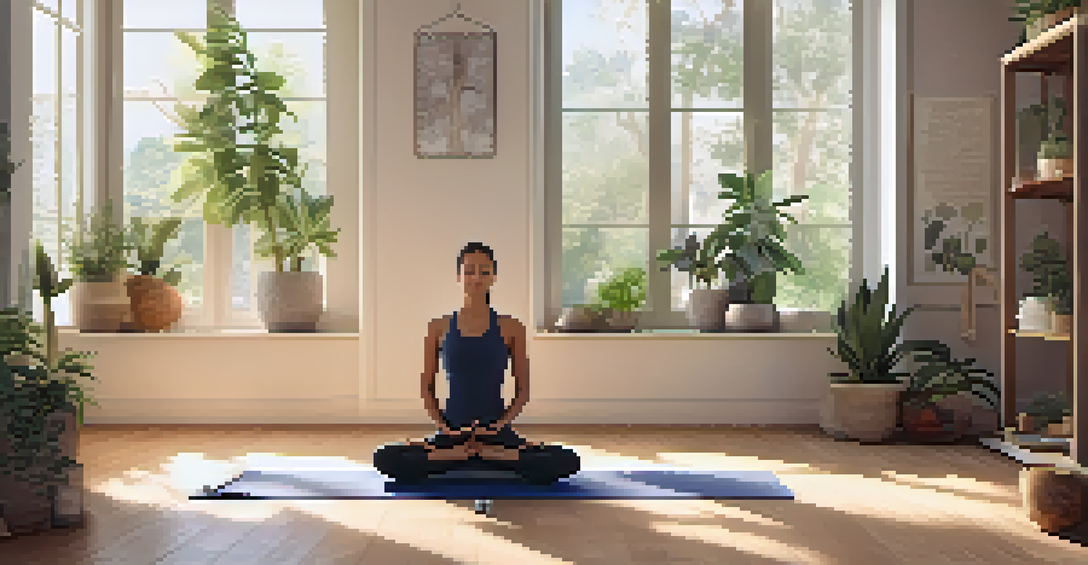 A woman practicing yoga in a tranquil studio, surrounded by plants and soft lighting.